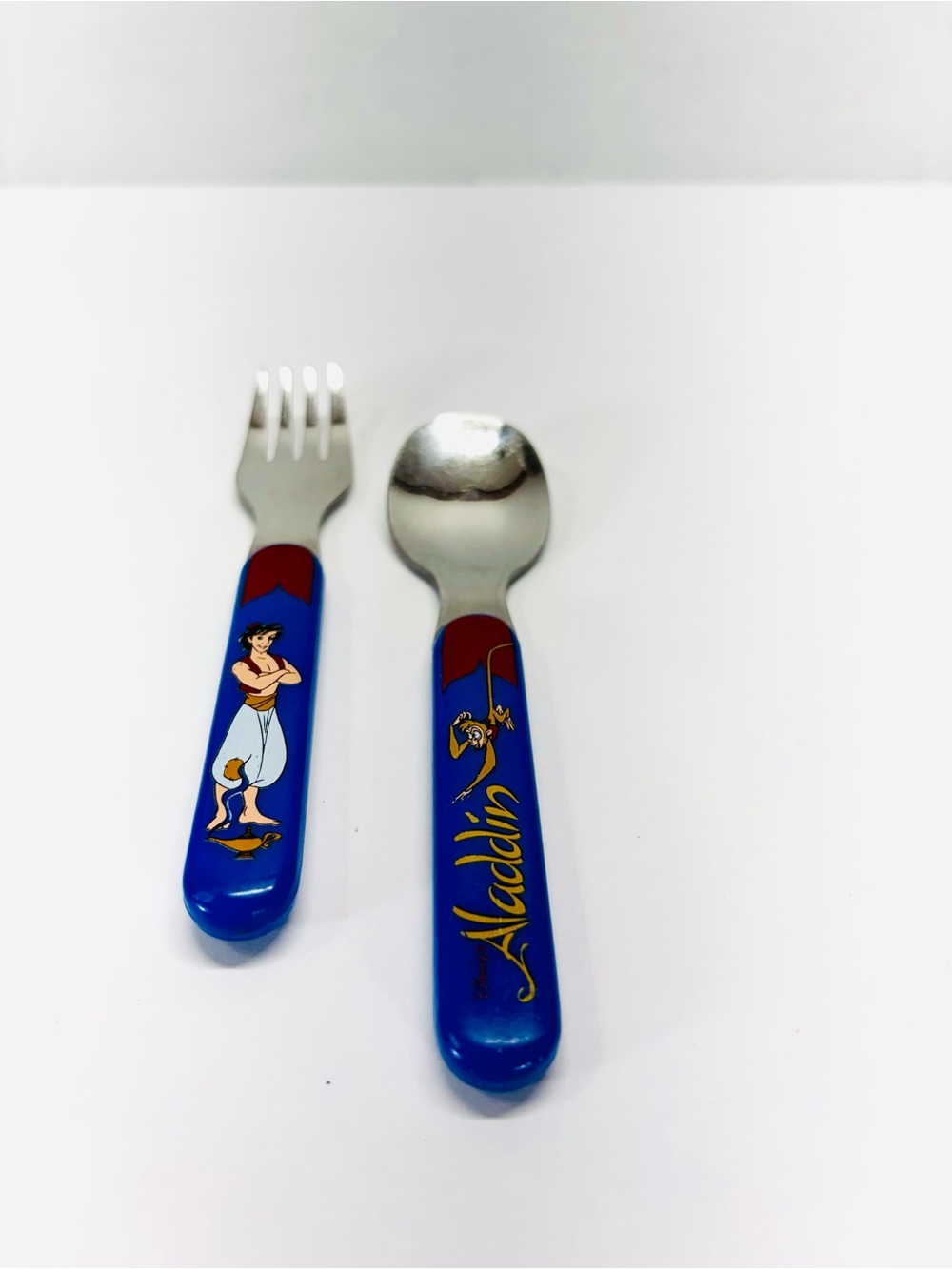 Disney’s Aladdin Toddler Stainless Steel Fork & Spoon Set Blue Handles 1992